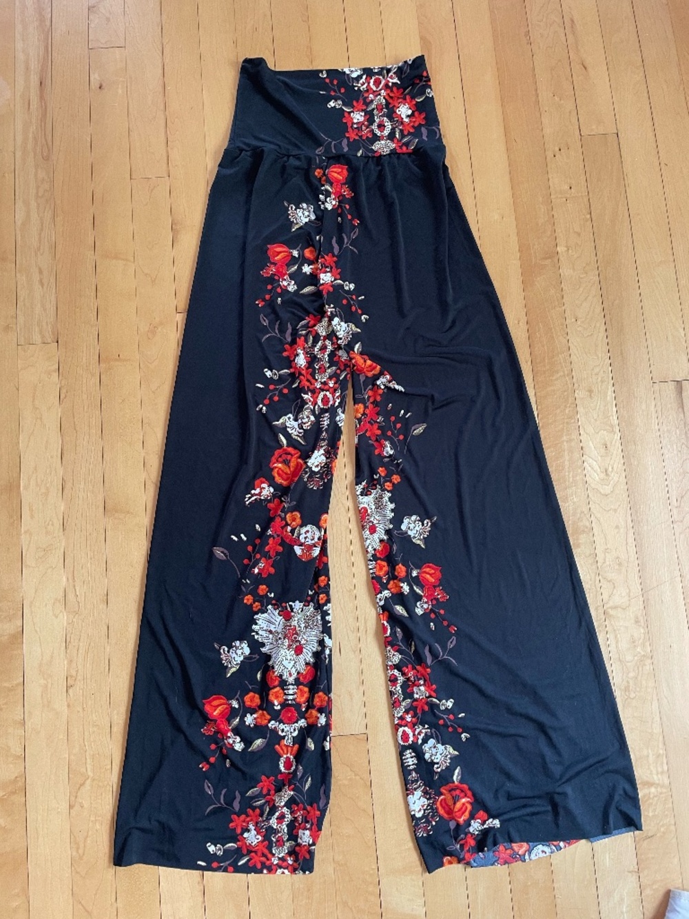 Iconoflash Black Floral Palazzo Pants Wide Leg High Waist Flowing Trousers SizeM